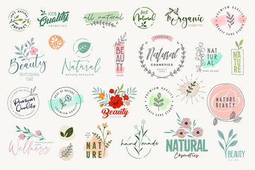 Wall Mural - Set of badges and elements for beauty, natural and organic products, cosmetics, spa and wellness. Vector illustrations for graphic and web design, marketing material, product promotions, packaging des