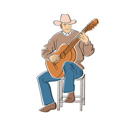 Wall Mural - Country musician plays guitar. Guitarist in cowboy hat sitting on chair. Black isolated contour and colors. Hand drawn style. Vector element. Colorful flat illustration.