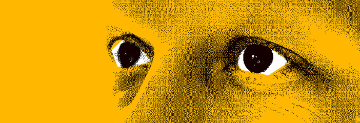 Looking eyes 8 bit dotted design style vector abstraction, human face stylized design element, black and yellow colors.