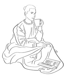 Wall Mural - Young woman wrapped in blanket reads book. Lagom and hugge concept. Cozy scandinavian lifestyle scene. Female silhouette in warm sweater with cup of coffee. Black lines drawing. Hand drawn style.