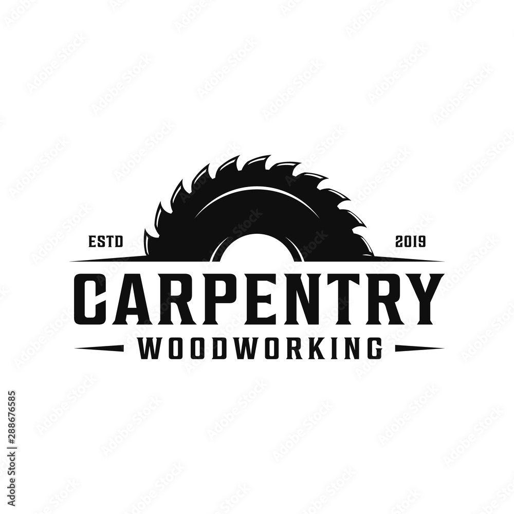 Carpentry, woodworking retro vintage logo design. Sawmill / saw logo - obrazy, fototapety, plakaty 