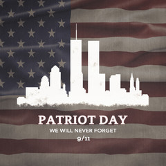 Wall Mural - American National Holiday. US Flag background with American stars, stripes and national colors. New York. Text: PATRIOT DAY - We will never Forget