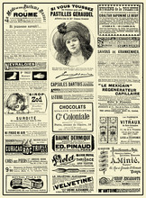 Commercial Magazine Advertising Page In French With Many Promotion Banners And Vignettes Dated 1888