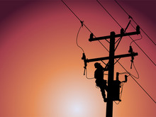 Silhouette Of Power Lineman Uses A Clamp Stick Grip All Type To Install The Line Cover On Energized High-voltage Electric Power Lines. To Change The Lightning Arresters That Is Damaged.