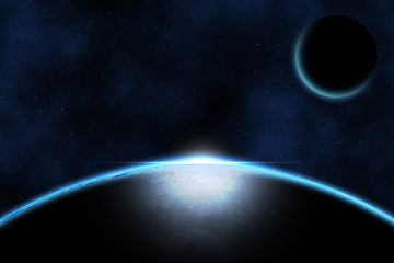 Fototapete - Giant blue planet against starry cosmos sky, fantasy image based on amateur moon astrophotography