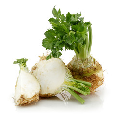 Wall Mural - Fresh celeriac root with slices isolated white background