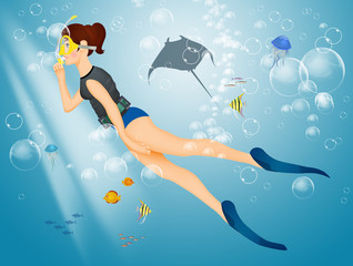 Poster - illustration of girl with mask and flippers