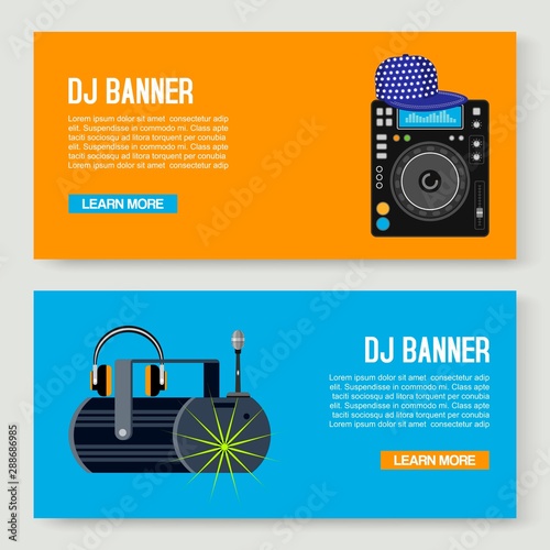 Dj Music Vector Illustration Music Party Two Banners Set Web Dj S Desks With Record Player And Music Column Collection Musical Banner Web Templates Buy This Stock Vector And Explore Similar