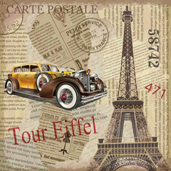 Vintage poster Paris torn newspaper background.	