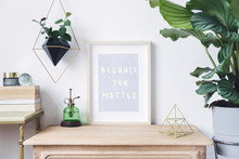 The Retro Mock Up Photo Frame On The Vintage Wooden Shelf , Hanging Plant In Design Pot, Green Sprinkler Gold Pyramid, Plants And Accessories. Concept Of Minimalistic Shelfie. Home Decor. Template.