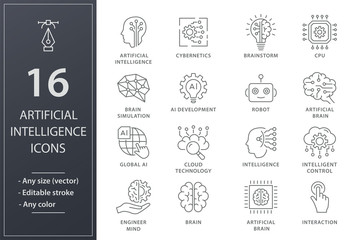 Aufkleber - artificial intelligence line icons set. black vector illustration. editable stroke.