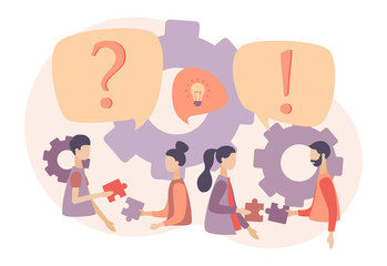 Poster - FAQ concept set. People around exclamations and question marks. Metaphor question answer. Flat cartoon style. Vector illustration