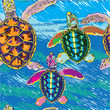 Seamless pattern with little sea turtles. Turtles crawl to the water. Multi-colored print.
