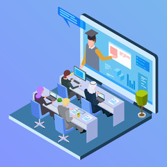 Wall Mural - Online international education isometric concept. Equality, arab and caucasian students vector illustration. Online isometry learning, education student courses