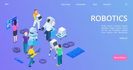Poster - isometric robotics landing page. people building robots and develop software vector banner. 3d robot