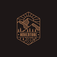 Emblem Mountain And River Landscape Adventure Logo Icon With Line Art Style On Dark Background