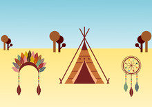 Native American Themed Illustration With Wigwam, Dream Catcher And Headdress. Native American Culture Concept. Artwork With Ethnic Design Elements. Landscape.Vector Illustration, Flat Style, Clip Art.