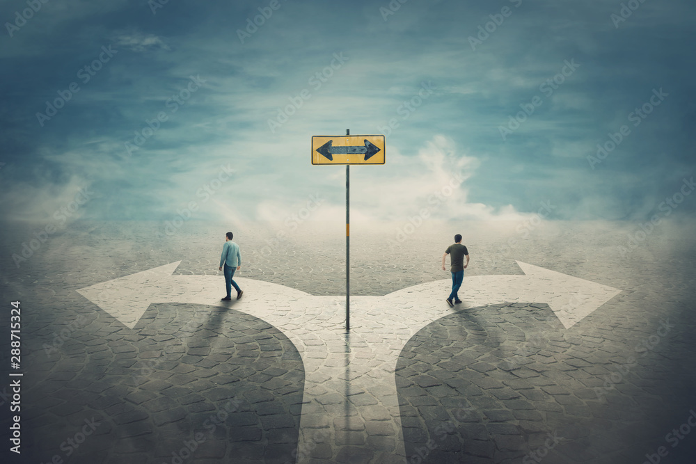 Two men change the common route going different roads. Split crossroad ...