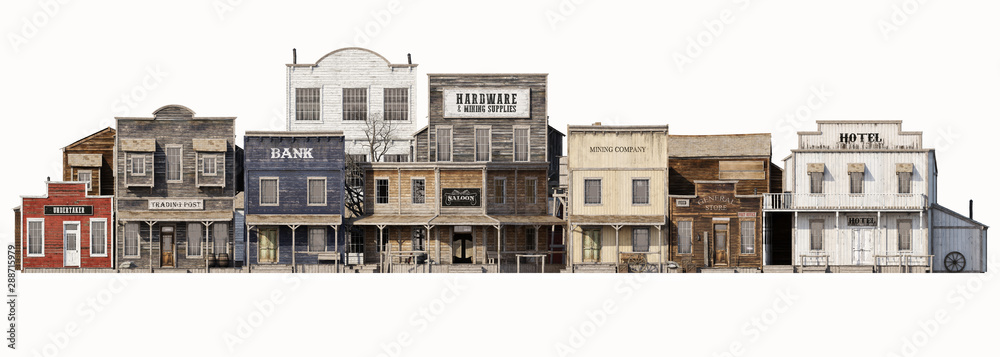 Front wide view of an old rustic antique western town with various business on an Isolated white background. 3d rendering - obrazy, fototapety, plakaty 