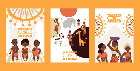 African native tribe people, vector illustration. Set of banners, travel postcards welcome to Africa. Cartoon characters, various women and children in traditional clothes, exotic animals