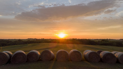 sunrise over rows of round hay bales in a rural countryside field