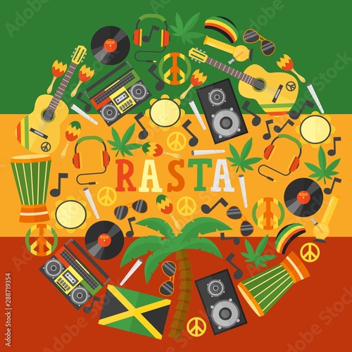 Plakaty Reggae  jamajka-rastafarian-ikony-w-kompozycji-okraglej-ramki-ilustracji-wektorowych-symbole-stylu-plaskiego