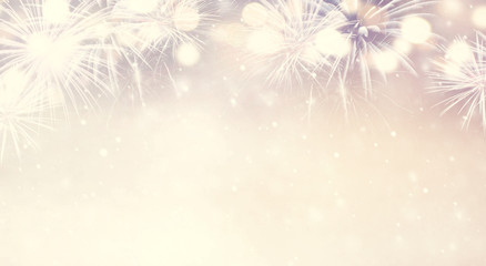 Wall Mural - new year abstract background holiday, gold and silver fireworks and bokeh, copy space.
