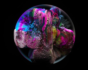 Wall Mural - Abstract 3d render of a colorful aqua planet, hot pink, yellow, bright blue, light pink colors on it swirled together on a round sphere on black background