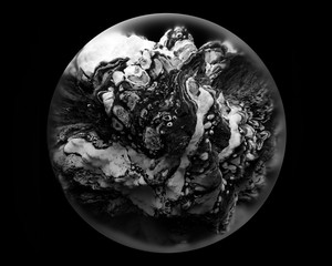 Wall Mural - 3d render of abstract black and white glass ball with organic bacteria inside on black background