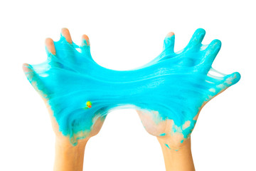 Child hands with sticky slime isolated on white background