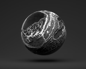 Wall Mural - A 3d render black and white sphere, yin and yang, cracked sphere, white lines ona sphere on black background.