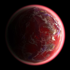 Wall Mural - Red planet 3d render with some yellow and purple cracks on black background