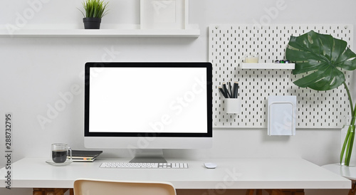 Workspace Computer And Office Tools On Desk Desktop Screen Office Tools On Desk Desktop Screen