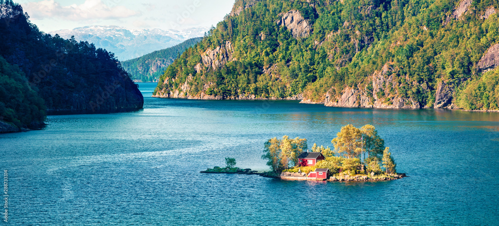 Picturesque summer panorama with small island with typical Norwegian building on Lovrafjorden flord, North sea. Colorful morning view in Norway. Beauty of nature concept background. - obrazy, fototapety, plakaty 