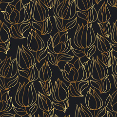 Wall Mural - Gold and black tulip elegant seamless pattern