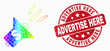 Dotted spectrum banking advertising megaphone mosaic pictogram and Advertise Here seal. Red vector rounded textured seal stamp with Advertise Here caption. Vector combination in flat style.