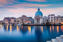 Fantastic Spring Sunrise In Venice With San Simeone Piccolo Church. Colorful Morning Scene In Italy, Europe. Magnificent Mediterranean Landscape. Traveling Concept Background.