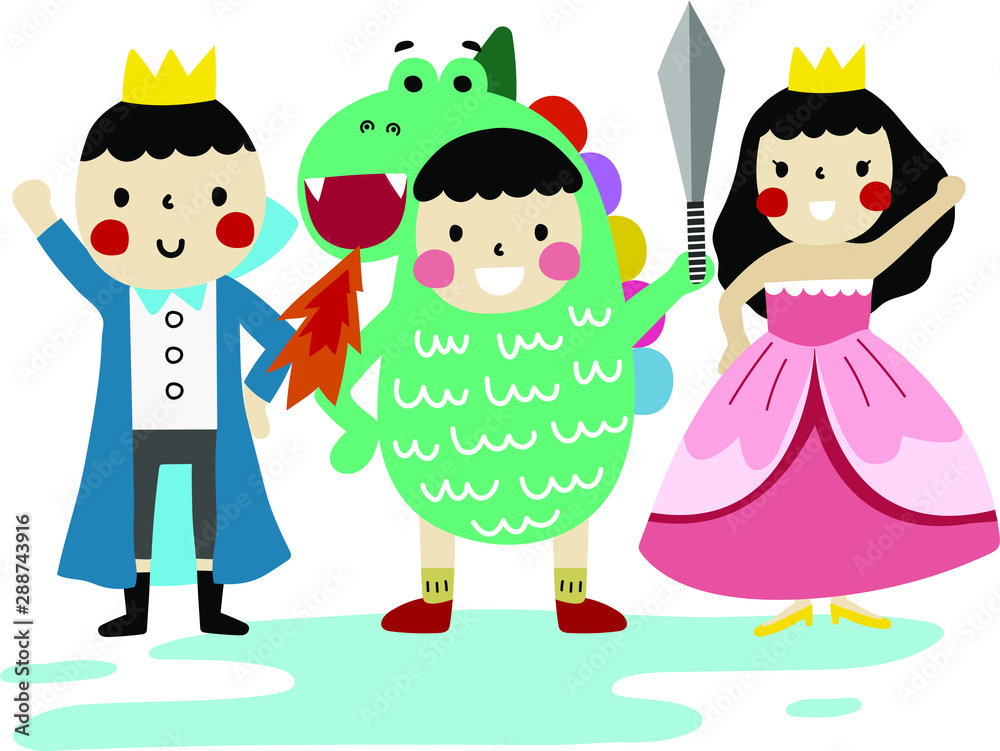 Cartoon vector illustration of cute fairy tale story. kids dress up and play together to be prince, princess, knight and dragon they are friends. Stock Vector | Adobe Stock Cartoon vector illustration of cute fairy tale story. kids dress up and play together to be prince, princess, knight and dragon they are friends. Stock Vector | Adobe Stock