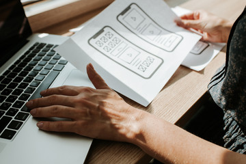UX mobile application wireframe. Sketch, prototype, framework, layout future app design project. UI/UX - user interface and user experience designer. Creative concept for smartphone. App development