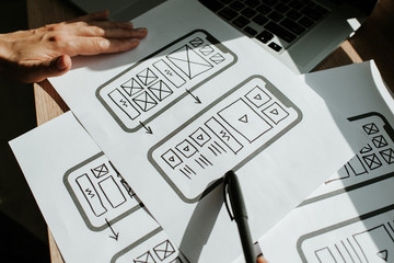 UX mobile application wireframe. Sketch, prototype, framework, layout future app design project. UI/UX - user interface and user experience designer. Creative concept for smartphone. App development