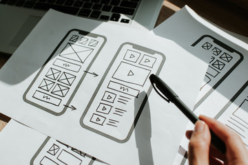 UX mobile application wireframe. Sketch, prototype, framework, layout future app design project. UI/UX - user interface and user experience designer. Creative concept for smartphone. App development