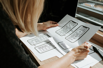 UX mobile application wireframe. Sketch, prototype, framework, layout future app design project. UI/UX - user interface and user experience designer. Creative concept for smartphone. App development