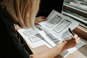 UX mobile application wireframe. Sketch, prototype, framework, layout future app design project. UI/UX - user interface and user experience designer. Creative concept for smartphone. App development