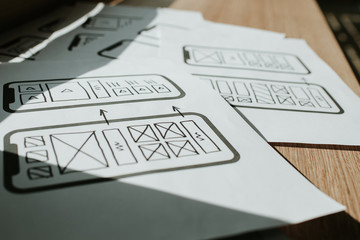UX mobile application wireframe. Sketch, prototype, framework, layout future app design project. UI/UX - user interface and user experience designer. Creative concept for smartphone. App development