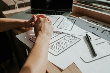 UX mobile application wireframe. Sketch, prototype, framework, layout future app design project. UI/UX - user interface and user experience designer. Creative concept for smartphone. App development