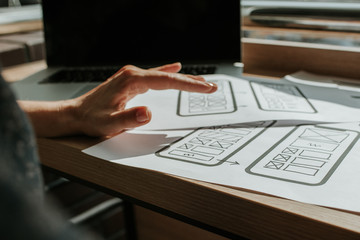 UX mobile application wireframe. Sketch, prototype, framework, layout future app design project. UI/UX - user interface and user experience designer. Creative concept for smartphone. App development