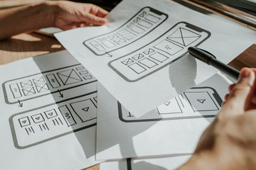 UX mobile application wireframe. Sketch, prototype, framework, layout future app design project. UI/UX - user interface and user experience designer. Creative concept for smartphone. App development