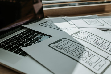 UX mobile application wireframe. Sketch, prototype, framework, layout future app design project. UI/UX - user interface and user experience designer. Creative concept for smartphone. App development