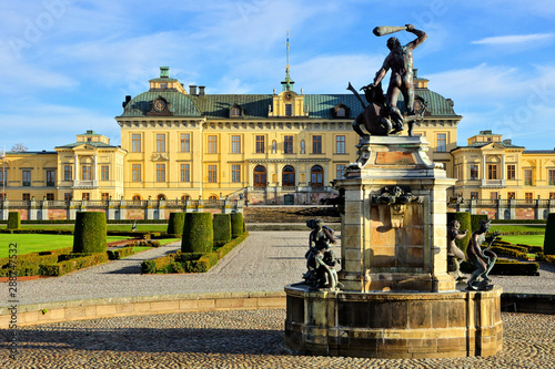 Drottningholm Palace with fountain in its picturesque gardens, Stockholm, Sweden Canvas Print