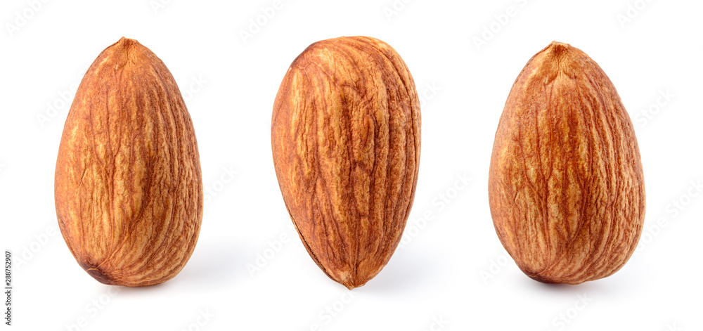 Almond isolated. Almonds on white background. Almond set. Full depth of field.. - obrazy, fototapety, plakaty 